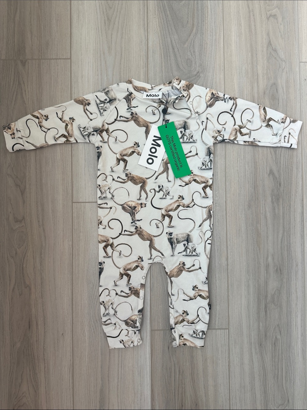 Molo Cream and Brown Monkey Print Kids One-Piece onesie long sleeve 9 month